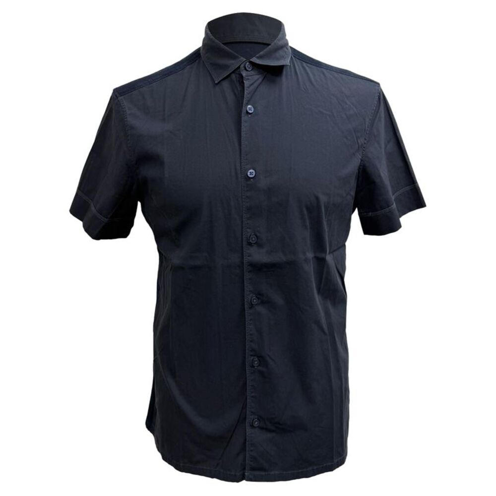 Z Zegna Button-Down Paneled Short Sleeve Shirt in Navy Blue Cotton